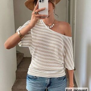 SHEIN Cream and Tan Striped Knit Top